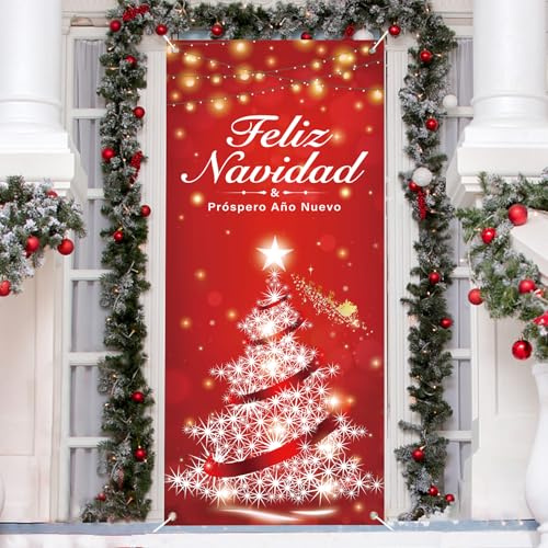 COLOFALLA Decoración Navidad Puerta Cubierta + Cuerda 6m, Pancarta Feliz Navidad Español Cubre Funda Puerta Decoración Exterior Banner 200x90cm