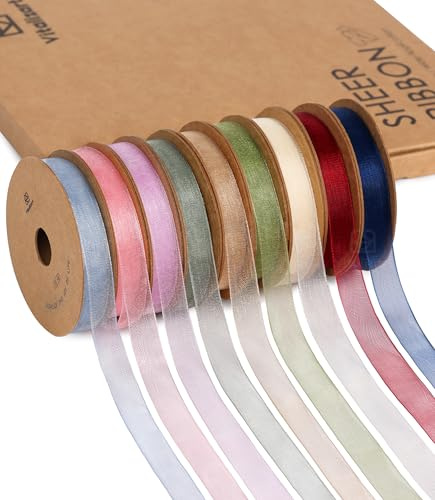 Vitalizart Cinta de Organza de 0,95 cm x 82,3 m en Colores Claros, 9 Rollos x 9,14 m, Cinta Decorativa para Envolver Regalos, Manualidades, Lazos para Árboles de Navidad, Invitaciones de Boda
