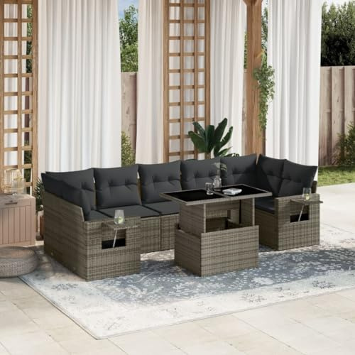 Qnhdfrt Garten Sofagarnitur Set Grau 8 teilig mit Kissen PE Rattan und Stahl Gestell für Terrasse Garten Balkon