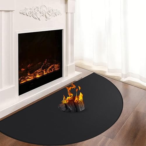 Khongoo Funkenschutzplatte für Kamin, 100 x 60 x 0.1 cm, Schwarz, Halbkreis | 1832°F Feuerfeste matte für kaminofen, glasfaserkern feuerfeste unterlage kamin, boden und teppichschutz, leicht zu reinigen