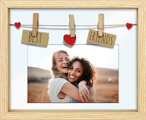 Wackadoo Bilderrahmen mit Passepartout aus MDF Holz Best Friends mit 3 Clips, Ahorn optik, Wäscheleine Fotorahmen, picture frame, Herz, DIY