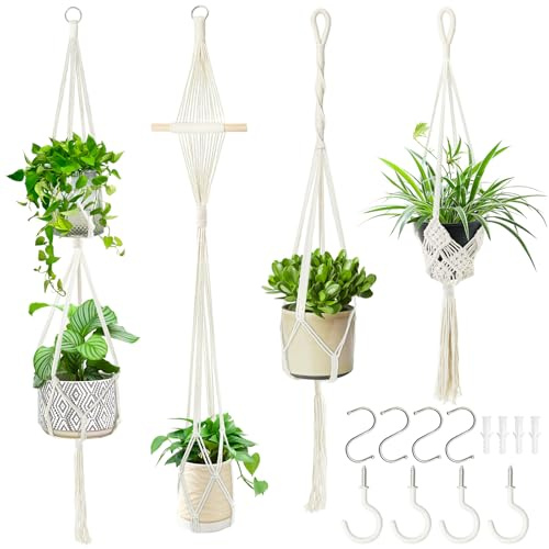 XIANGLONGY Supporto Piante Sospese Macramè, Porta Piante da Appendere in Corda Cotone, Sospensione per Vasi da Interno Esterno Balcone, Decorazione Boho Casa (4 PCS)
