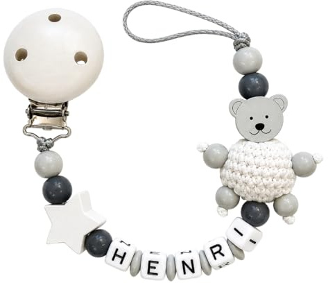 Glücksperle Schnullerband mit Namen für Mädchen & Jungen personalisierte Baby Geschenke Teddy Bär mit Stern Weiß & Grau