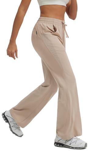 baleaf Women's Hiking Pants Lightweight Water Resistant Travel Flare Pants with Pockets Quick Dry Breathable Drawstring Waist Khaki Gray L