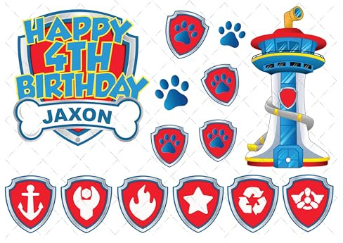 Dog Squad Patrol Birthday Cake Topper and Cupcake Decorating Kit with Edible Icing Character Badges for Kids Party (Blue)