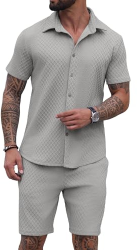 QIXING Set tuta da uomo 2 pezzi abbigliamento estivo lavorato a maglia testurizzato button down camicia e pantaloncini set casual Co Ord set per vacanze al mare