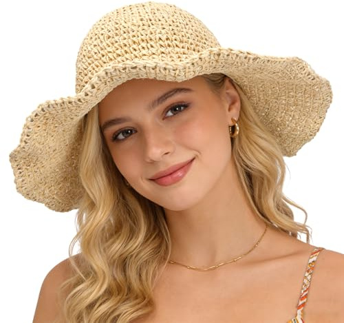 AYPOW Tesa Larga Cappelli di Paglia da Spiaggia per Donna, Protezione UV Traspirante Estivi Cappello da Sole per Ragazze, Leggero Pieghevole Cappello da Viaggio per Viaggi Vacanze Quotidiana