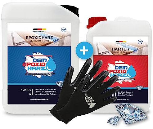 Dickschicht - Epoxidharz mit Härter | 9,6kg Set | Profi Qualität, ultraklar & geruchsarm | 10cm in einem Guß + Schutzhandschuhe