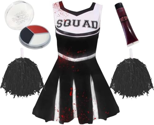 Halloween Zombie-Cheerleader-Kostüm und Zubehör für Mädchen, rotes Freudenoutfit für Kinder, bestehend aus einem kurzen Kleid, 2 Pompons, Kunstblut und Gesichtsbemalung