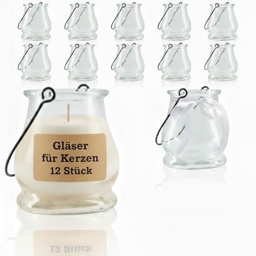 WeddingTree 12 x Gläser für Kerzen - Windlicht Glas mit abnehmbaren Bügel und Dekoband - Teelichtgläser - Leere Kerzengläser zum Kerzen gießen - Candle Jar - Kerzenglas als Deko für Hochzeit