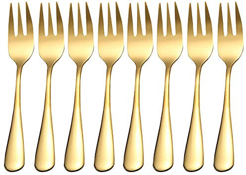 Asalinao Edelstahl Bunte Gabeln 8PC für Fruchtdesserts EIS Kuchengabeln, kleine Gabeln aus Edelstahl für Kuchen oder Desserts (Gold)