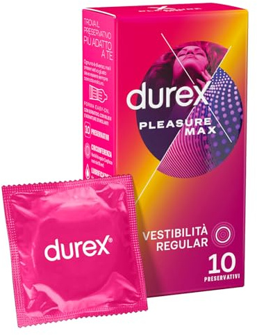 10 Kondome Durex Pleasuremax mit Noppen und stimulierenden Rippen, Easy-On-Form, aus Naturkautschuk-Latex, 1 Box mit 10 Kondome