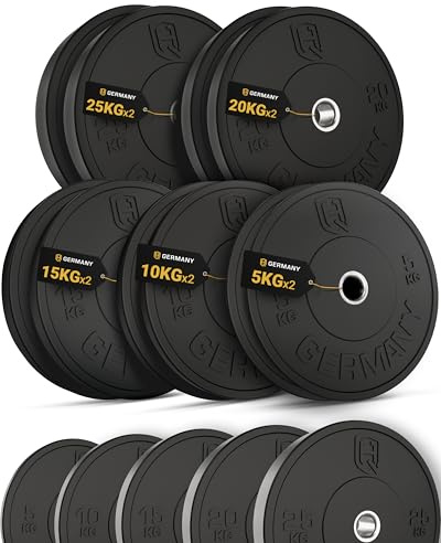 HQ Germany® Bumper Plates 50 mm [All-Black] - Hantelscheiben 5-25kg | Robustes Vollgummi, Ø 450mm, 50mm-Bohrung, Shore-A 85 Härte, schmales Design, Edelstahl-Hülse, All-Black