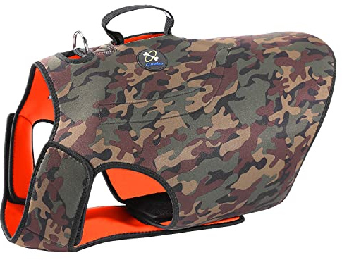Coodeo Dog Hunting Vest Orange, Camo and Reversible Reflective Dog Tactical Harness Hound Jacket for Protection and Security, 4.5mm Neoprene Waterproof Safety Dog Vest Both Sides to Wear (Medium)