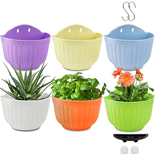 DEAYOU 6 Pack Wall Planter, Flower Pot for Fence, Railing Resin Pots with S Hooks and Drainage Meshes for Garden