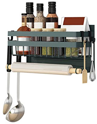 Redwestmelon Magnetic Fridge Spice Rack 2 Tier Kitchen Condiment Seasoning Storage Organizer Shelf, Refrigerator Side Rack with Paper Towel Holder and 4 Removable Mobile Hooks