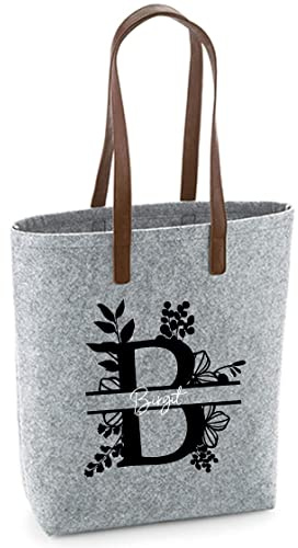 Filztasche Damen-Shopper mit Motivdruck | Bedruckt und Personalisiert mit Floralem Monogramm Name | Einkaufstasche Geschenk