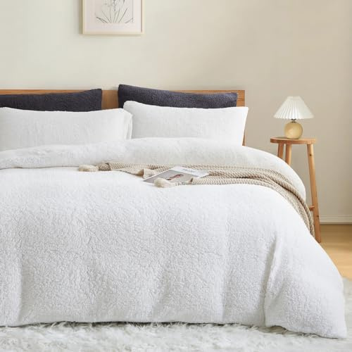 Sedefen Housse de Couette 200x200cm + 2 Taies d'oreiller 65x65cm Polaire Sherpa Hiver Chaude Duveteuse Peluche Flanelle Fille Ado Parure de lit 2 Personnes Blanc Linge de lit Avez Fermeture Éclair