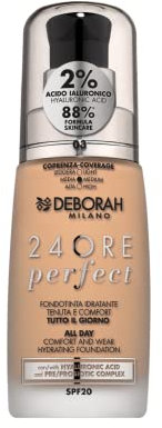 Deborah Milano - Fondotinta Liquido 24 Ore Perfect Idratante SPF 20, N.3 Caramel Beige, 30.0 millilitro, 1