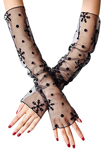Uposao Handschuhe für Damen, Sommer Elegant Spitze Lang Handschuhe Armstulpen Sonnenschutz Fingerlose Handstulpen Hochzeit Brautstulpen Fahrhandschuhe für Hochzeit Party Karneval,Schneeflocke Schwarz