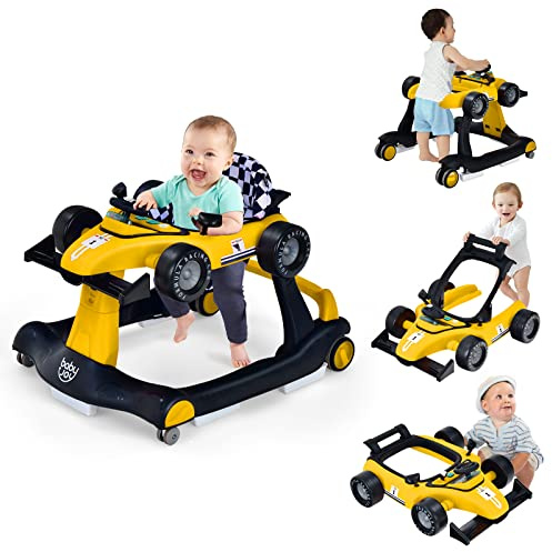 GOPLUS 4-i-1 baby gåstol, rullvagn höjdjusterbar med ljus och musik, baby walker, bilformad med justerbar hastighet, promenadfri baby från 6 månader (gul)