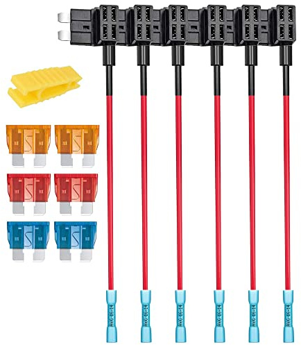 Gebildet 6Stück 12V 24V Standard-Add-a-Circuit-Sicherungshahn mit Schrumpfklemmen, Mittelgroßer ATS-Piggy-Back-Flachsicherungshalter, 6Stück Standardsicherung (5A/10A/15A) und Sicherungszieher