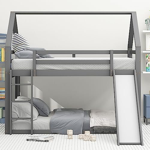 I0I&I0I Litera creativa para niños con tobogán y escalera, cama doble (gris, 140 x 200 cm)