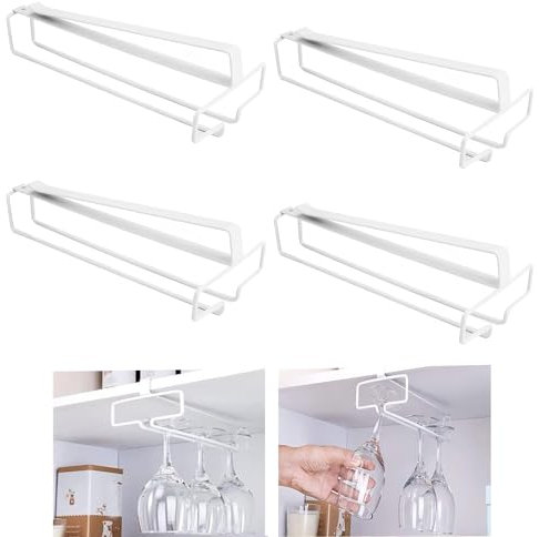JMIATRY 4 Stück Weinglashalter Hängend 26cm, Gläserhalter Schrank, Weingläser Halterung Unter Dem Schrank für Küche, Bar und Restaurant Weiß