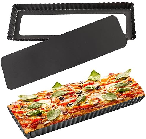 Cyimi Juego de 2 moldes rectangulares de 14 pulgadas, sartén antiadherente para quiche con parte inferior extraíble para pasteles, utensilios para hornear quiche, pasteles de queso, postres
