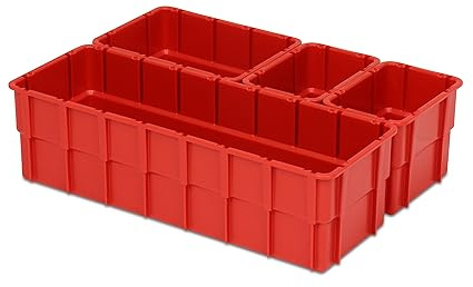 1a-TopStore Einsatzkasten Einteilungs-Set für Eurobehälter, Schubladen mit Innenmaß 362x262 mm (LxB), 102 mm hoch, verschiedene Größen/Farben (4er Mix Set, rot)