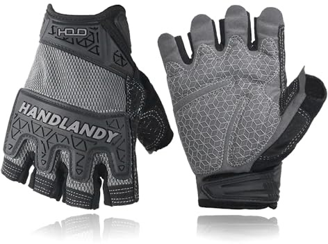 HANDLANDY Fingerless Work Gloves, Men Women Padded Half Finger Framer Mechanic Construction Carpentry Working Gloves (Grey, L)