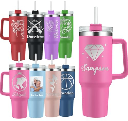Personalisierter 40-Unzen-Becher mit Henkel und Strohhalm. Individuell Isolierte Edelstahlbecher mit Henkel. Personalisierte Logo-Fotobecher für Männer und Frauen