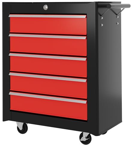 HOMCOM Steel 5-Drawer Tool Storage Cabinet Lockable with Wheels Handle 2 Keys Garage Equipment Trolley Home Work DIY Workshop Chest Red