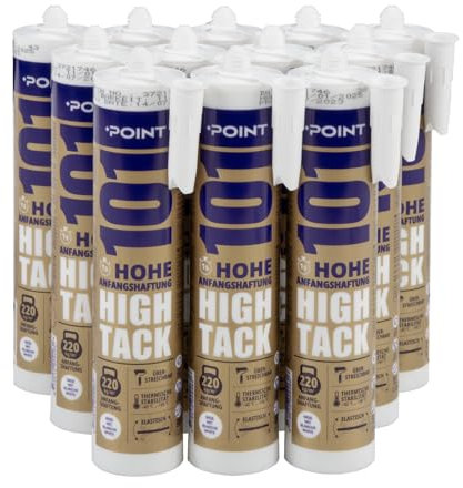 POINT Montagekleber HIGH TACK für sehr schwere Bauelemente Baukleber MS-Polymer Hybridkleber Innen- & Außenbereich wasserfest hohe Elastizität 290 ml (12 Kartuschen, weiß)