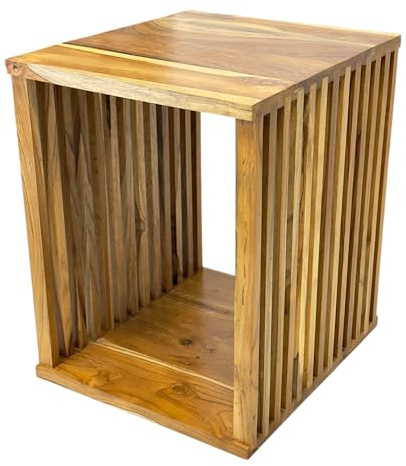 FaHome Handgefertigter Teakholz-Beistelltisch - Massivholz Natur-Unikat in Modernem Design – Holzleisten an den Seiten - Würfel