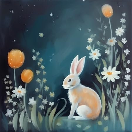 adrium Acryl-Bild 40 x 40 cm: Osterkarte mit Kaninchen, Blumen und Nachthimmel. Vektorillustration. (213546422)