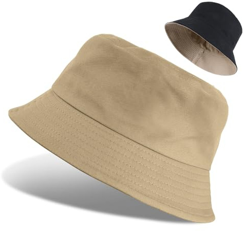 QHFlashbuy Fischerhut Bucket Hat Schutz Sonnenhut für Damen und Herren,Reversibel Bucket Hat Faltbar Faltbarer Eimer-Hut für Wandern Camping Strand 56-58cm（Schwarz,Khaki）
