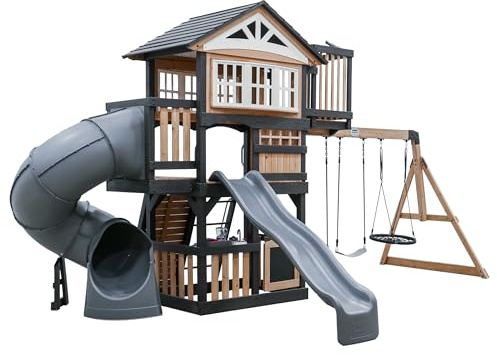 Backyard Discovery Magnolia Falls Cedar Climbing Frame | 2 Slides & Swings | All Cedar Wood, Two Slides, Two Belt Swings, Web Swing, Outdoor Kids Climbing Frame, Garden Play Equipment