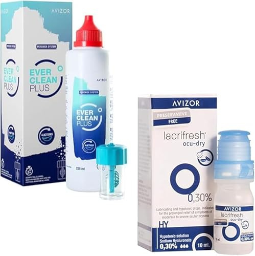 Avizor EverClean Plus 225ml + 35 Tablets & Lacrifresh Ocu-Dry 0.30% 10ml – Contact Lens Cleaning Solution and Lubricating Eye Drops for Dry Eyes