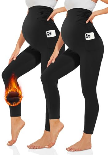 TNNZEET mammaleggings dam, mammamode, ogenomskinliga, graviditetsleggings, mammabyxor, långa med fickor för yoga, Termisk svart, XXL