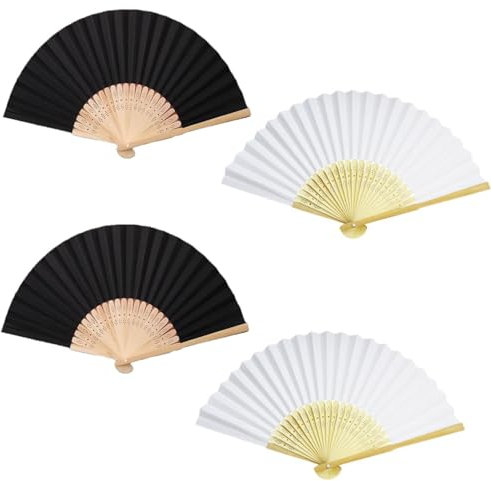 Uskerb 4 PCS Hand Fan Folding Black White Fan for Dancing - Wooden Personal Folding Hand Fan for Wedding DIY Bamboo Crafts - Solid Color Fan with Ancient Style Blank Paper Folding Fan