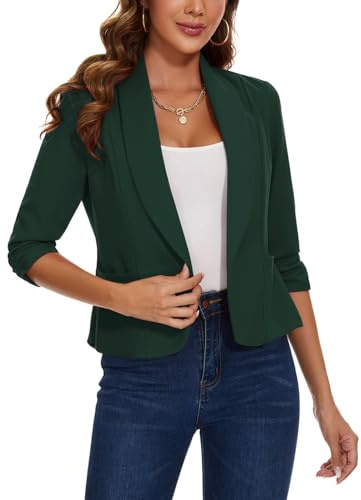 LADI TREND Blazer ouvert sur le devant pour femme - Veste de costume à manches 3/4 froncées - Cardigan décontracté avec poches plaquées, Gn-vert foncé, M