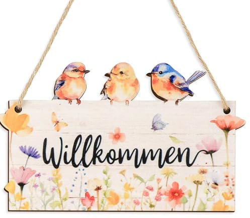 Bkemkri Willkommen Schild Frühlings Türschild aus Holz Türschild Willkommen Frühling Deko Schild mit Aufhängeschnur Deko für die Haustür, Willkommensschild Schönes Geschenk zum Einzug Oder Richtfest