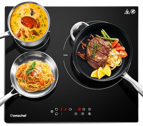 AMZCHEF Vitrocerámica 3 fuegos 5400W,Placa vitrocerámica empotrable de 60cm con 9 niveles,Zona de potencia máxima 2400W,Apagado automático,Temporizador,Bloqueo de seguridad,Negro