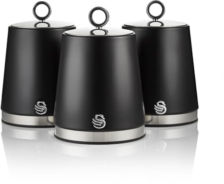 Swan Serenity Set of 3 Kitchen Storage Canisters for Tea, Coffee, and Sugar with Smooth Matte Finish and Stainless Steel Accents, 1.3L, Black
