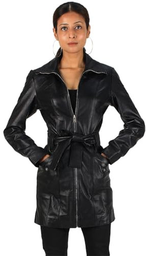 Laverapelle 2422007 Damen-Mantel aus echtem Lammfell mit Reißverschluss und Gürtel (schwarz, Trenchcoat), 01a- schwarz - mit Polyesterfutter, XXS