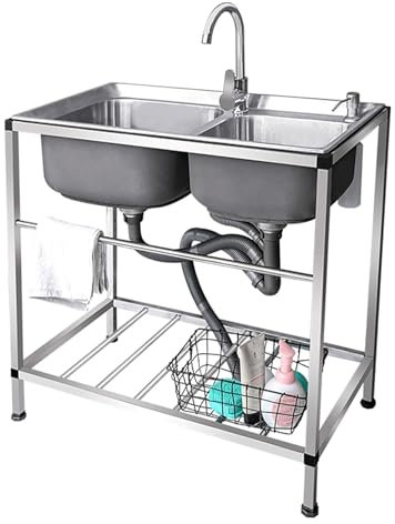 Évier commercial à 2 compartiments, Évier de cuisine à double cuve en acier inoxydable avec étagère et robinet, Évier utilitaire autoportant, Lavabo pour restaurant, garage