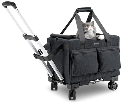 pecute Transporttasche Katze mit Rollen 2 in 1 bis 7 kg, Katzen Transportboxen, Abnehmbarer Faltbarer Katzentasche Hundetrolley mit Fenster, Hundetragetasche Schultergurt katzenbox, Dunkel Grau