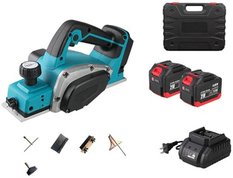 BDJSN Raboteuse À Bois sans Fil 1300 W, Raboteuse À Bois Électrique Portable 14 000 TR/Min avec 2 Batteries Au Lithium Et Chargeur, Profondeur De Rabotage 0-2 Mm, Raboteuse sans Balais