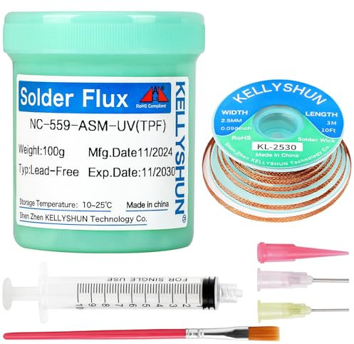 KELLYSHUN NC-559-UV Sans Plomb Pâte à Souder Flux Soudure,100g Flux Soudure Electronique (1 Pièce),2.5MM/3M Tresse à Dessouder (1 Pièce) Compatible Avec Réparation Téléphones, BGA, SMD, Électroniques